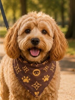 Hand Crafted Brown Bandana with Gold Pawprint Motif